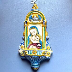 Italian Angel Child Deruta Ceramic Holy Water Font Stoup Hand Painted Signed